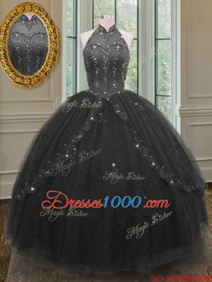 Exceptional Black Lace Up High-neck Beading and Appliques Sweet 16 Quinceanera Dress Tulle Sleeveless