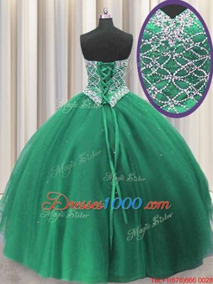 Extravagant Dark Green Ball Gowns Beading and Sequins 15th Birthday Dress Lace Up Tulle Sleeveless Floor Length