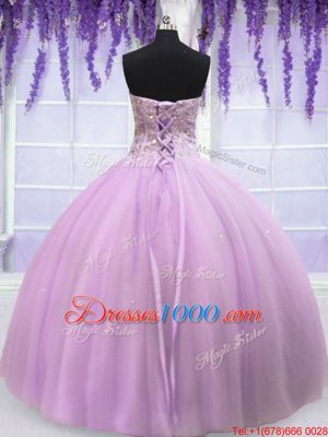 Lilac Tulle Lace Up Sweetheart Sleeveless Floor Length Ball Gown Prom Dress Beading