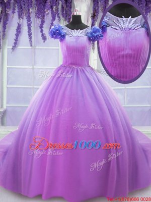 Edgy Scoop Short Sleeves Floor Length Hand Made Flower Lace Up Sweet 16 Dresses with Lilac