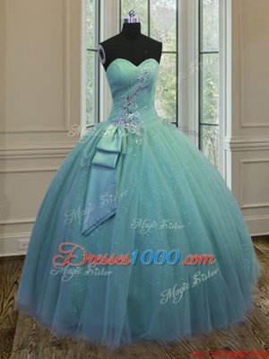 Top Selling Turquoise Sleeveless Floor Length Beading and Ruching and Bowknot Lace Up Vestidos de Quinceanera
