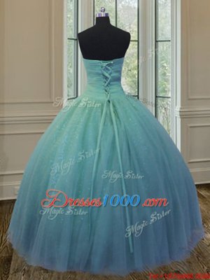 Top Selling Turquoise Sleeveless Floor Length Beading and Ruching and Bowknot Lace Up Vestidos de Quinceanera