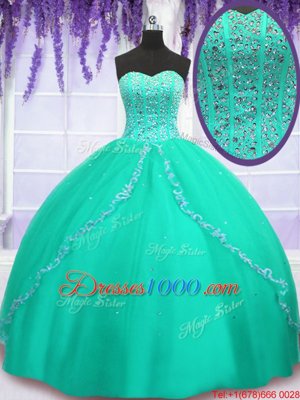 Turquoise Ball Gowns Beading and Sequins Quinceanera Gowns Lace Up Tulle Sleeveless Floor Length