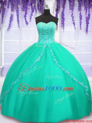 Turquoise Ball Gowns Beading and Sequins Quinceanera Gowns Lace Up Tulle Sleeveless Floor Length