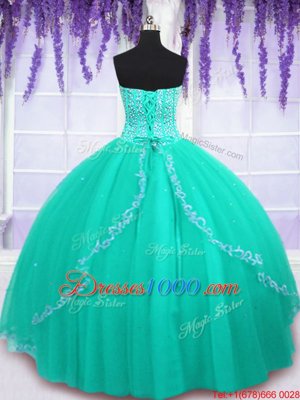 Turquoise Ball Gowns Beading and Sequins Quinceanera Gowns Lace Up Tulle Sleeveless Floor Length