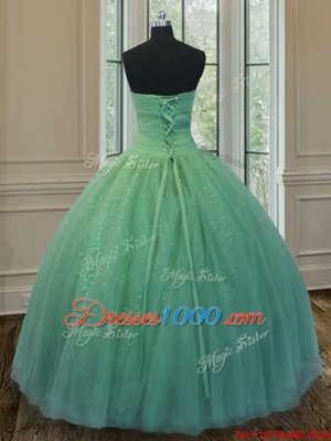 Floor Length Green Quince Ball Gowns Tulle and Sequined Sleeveless Beading and Ruching and Bowknot