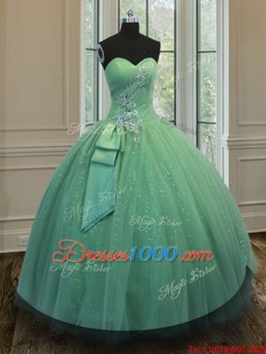 Floor Length Green Quince Ball Gowns Tulle and Sequined Sleeveless Beading and Ruching and Bowknot