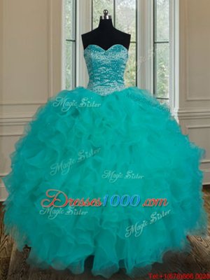 Attractive Turquoise Sleeveless Organza Lace Up Vestidos de Quinceanera for Military Ball and Sweet 16 and Quinceanera