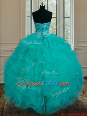Attractive Turquoise Sleeveless Organza Lace Up Vestidos de Quinceanera for Military Ball and Sweet 16 and Quinceanera
