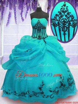 Low Price Turquoise Organza Lace Up Sweet 16 Quinceanera Dress Sleeveless Floor Length Embroidery