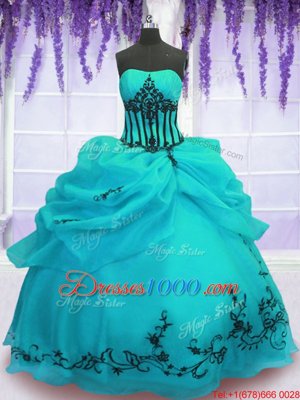 Low Price Turquoise Organza Lace Up Sweet 16 Quinceanera Dress Sleeveless Floor Length Embroidery