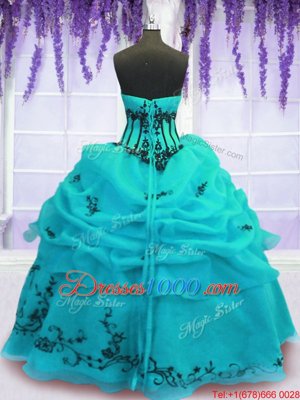 Low Price Turquoise Organza Lace Up Sweet 16 Quinceanera Dress Sleeveless Floor Length Embroidery