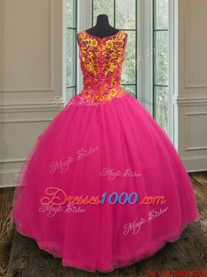 Fantastic Tulle V-neck Sleeveless Zipper Beading Sweet 16 Quinceanera Dress in Hot Pink