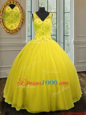 Beading Quinceanera Gown Yellow Zipper Sleeveless Floor Length