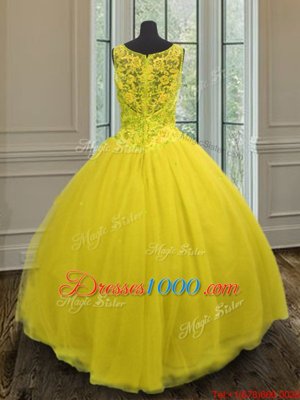 Beading Quinceanera Gown Yellow Zipper Sleeveless Floor Length