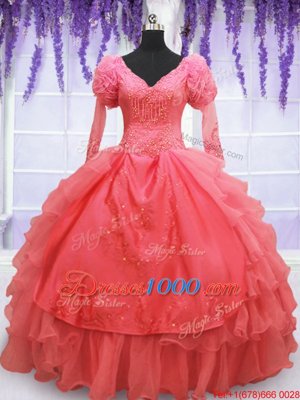 Deluxe Coral Red Organza Lace Up Quinceanera Dresses Long Sleeves Floor Length Beading and Embroidery