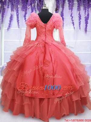 Deluxe Coral Red Organza Lace Up Quinceanera Dresses Long Sleeves Floor Length Beading and Embroidery