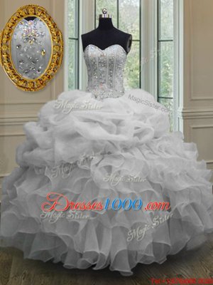 White Organza Lace Up Ball Gown Prom Dress Sleeveless Floor Length Beading and Pick Ups