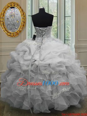 White Organza Lace Up Ball Gown Prom Dress Sleeveless Floor Length Beading and Pick Ups