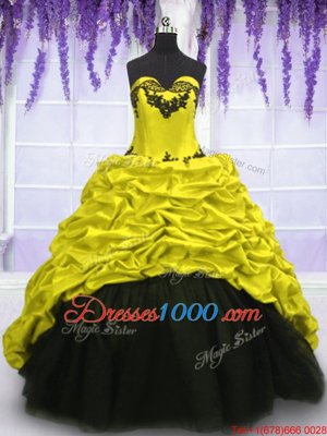 Fancy Taffeta Sleeveless With Train Vestidos de Quinceanera Sweep Train and Appliques and Pick Ups