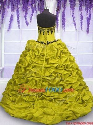 Fancy Taffeta Sleeveless With Train Vestidos de Quinceanera Sweep Train and Appliques and Pick Ups