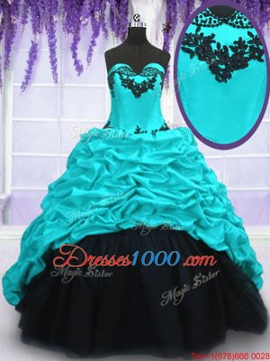 Sleeveless With Train Appliques and Pick Ups Lace Up 15th Birthday Dress with Aqua Blue Sweep Train