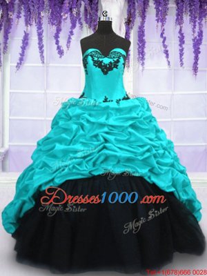 Sleeveless With Train Appliques and Pick Ups Lace Up 15th Birthday Dress with Aqua Blue Sweep Train