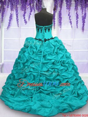 Sleeveless With Train Appliques and Pick Ups Lace Up 15th Birthday Dress with Aqua Blue Sweep Train