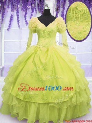 Cute Yellow Green 15th Birthday Dress For with Beading and Embroidery and Ruffles V-neck Sleeveless Lace Up