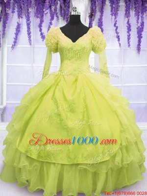 Cute Yellow Green 15th Birthday Dress For with Beading and Embroidery and Ruffles V-neck Sleeveless Lace Up