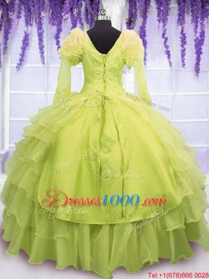 Cute Yellow Green 15th Birthday Dress For with Beading and Embroidery and Ruffles V-neck Sleeveless Lace Up