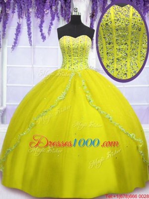 Yellow Green Ball Gowns Beading 15th Birthday Dress Lace Up Tulle Sleeveless Floor Length