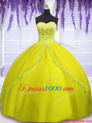 Yellow Green Ball Gowns Beading 15th Birthday Dress Lace Up Tulle Sleeveless Floor Length