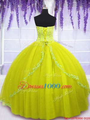 Yellow Green Ball Gowns Beading 15th Birthday Dress Lace Up Tulle Sleeveless Floor Length