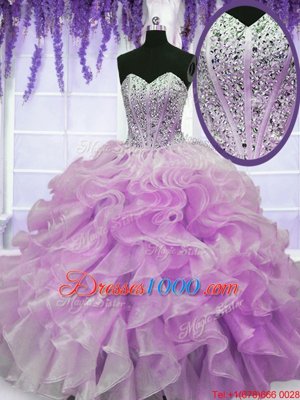 Lovely Floor Length Lilac Sweet 16 Quinceanera Dress Organza Sleeveless Beading and Ruffles