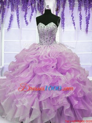 Lovely Floor Length Lilac Sweet 16 Quinceanera Dress Organza Sleeveless Beading and Ruffles
