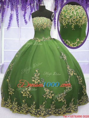 Fashion Floor Length Olive Green 15 Quinceanera Dress Tulle Sleeveless Appliques