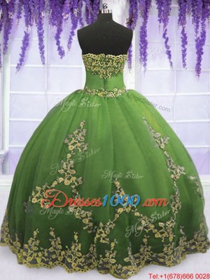 Fashion Floor Length Olive Green 15 Quinceanera Dress Tulle Sleeveless Appliques