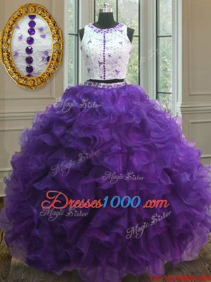 Dazzling Scoop Purple Organza Clasp Handle Vestidos de Quinceanera Sleeveless Floor Length Appliques