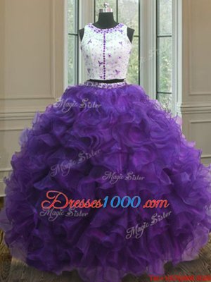 Dazzling Scoop Purple Organza Clasp Handle Vestidos de Quinceanera Sleeveless Floor Length Appliques