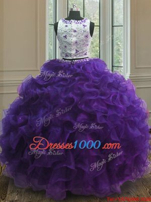 Dazzling Scoop Purple Organza Clasp Handle Vestidos de Quinceanera Sleeveless Floor Length Appliques