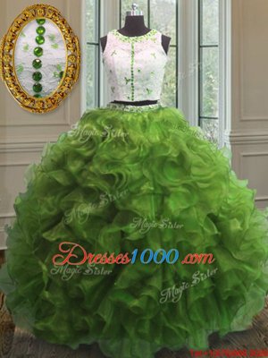 Flare Scoop Green Sleeveless Floor Length Appliques and Ruffles Clasp Handle 15th Birthday Dress
