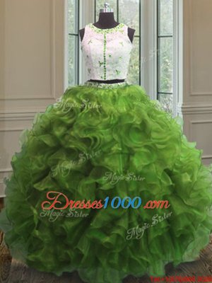 Flare Scoop Green Sleeveless Floor Length Appliques and Ruffles Clasp Handle 15th Birthday Dress