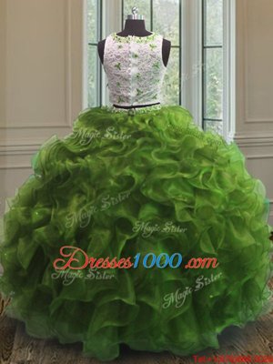 Flare Scoop Green Sleeveless Floor Length Appliques and Ruffles Clasp Handle 15th Birthday Dress