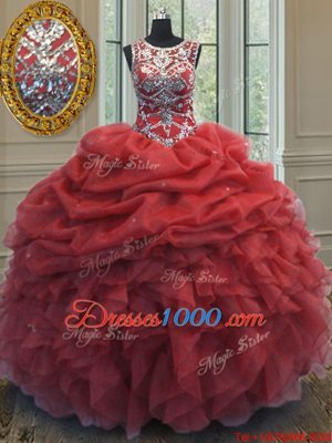 Custom Made Pick Ups Ball Gowns Sweet 16 Dresses Coral Red Scoop Organza Sleeveless Floor Length Lace Up