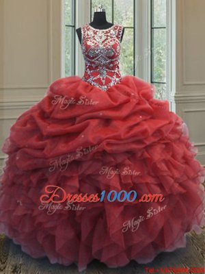 Custom Made Pick Ups Ball Gowns Sweet 16 Dresses Coral Red Scoop Organza Sleeveless Floor Length Lace Up