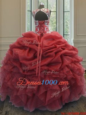 Custom Made Pick Ups Ball Gowns Sweet 16 Dresses Coral Red Scoop Organza Sleeveless Floor Length Lace Up