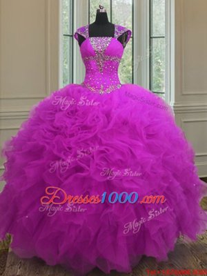 Straps Straps Fuchsia Sleeveless Beading and Ruffles and Sequins Floor Length Quinceanera Gowns