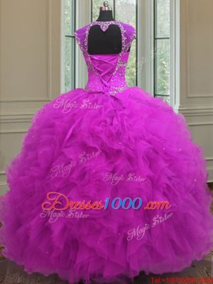 Straps Straps Fuchsia Sleeveless Beading and Ruffles and Sequins Floor Length Quinceanera Gowns