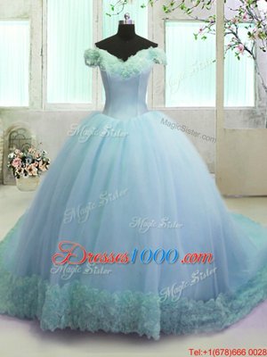 Beauteous Off the Shoulder Sleeveless With Train Hand Made Flower Lace Up Sweet 16 Quinceanera Dress with Light Blue Court Train